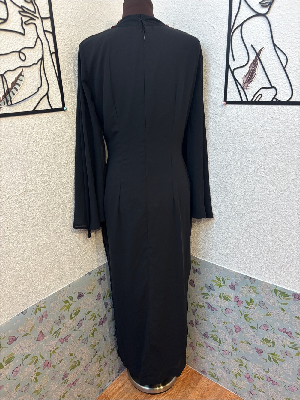 Elegant black long bell sleeve maxi dress with jeweled neckline. Size S. - Picture 5 of 17